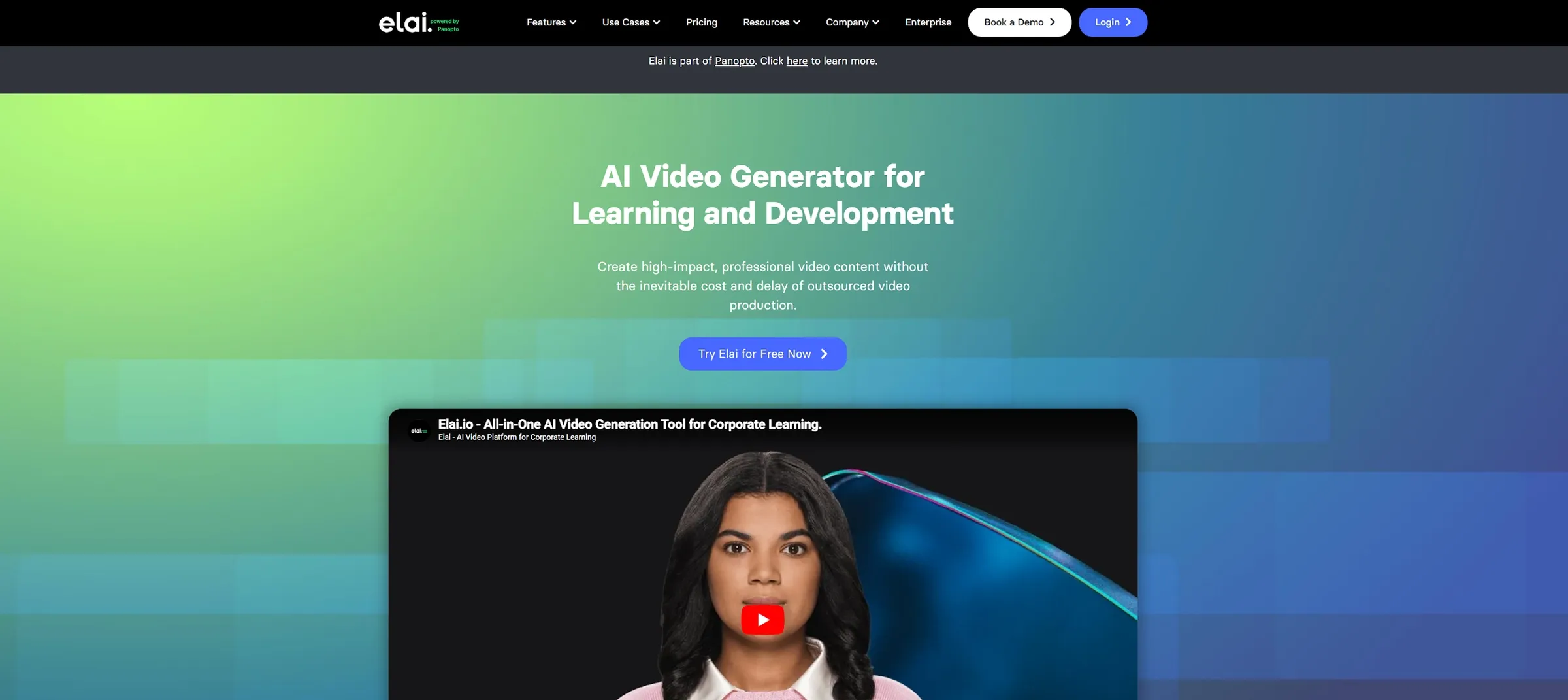 图片展示了Elai的官网页面。背景为渐变的蓝绿色,中间有“AI Video Generator for Learning and Development”的文字,强调其为学习和发展提供高影响力、专业视频内容。下方有一个黑色边框的视频窗...