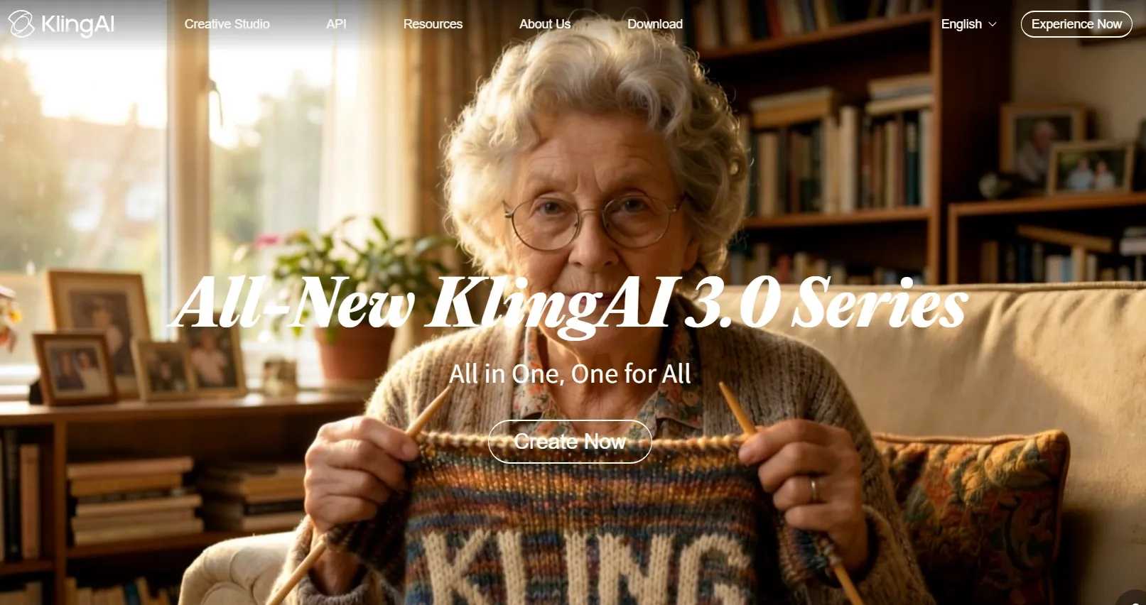 An elderly woman knitting a colorful scarf with the word 'KLING' visible.