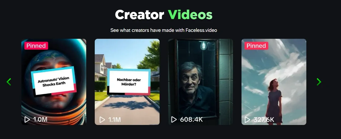 Section « Vidéos de créateurs » de la plateforme Faceless.video, présentant 4 exemples de vidéos sans visage