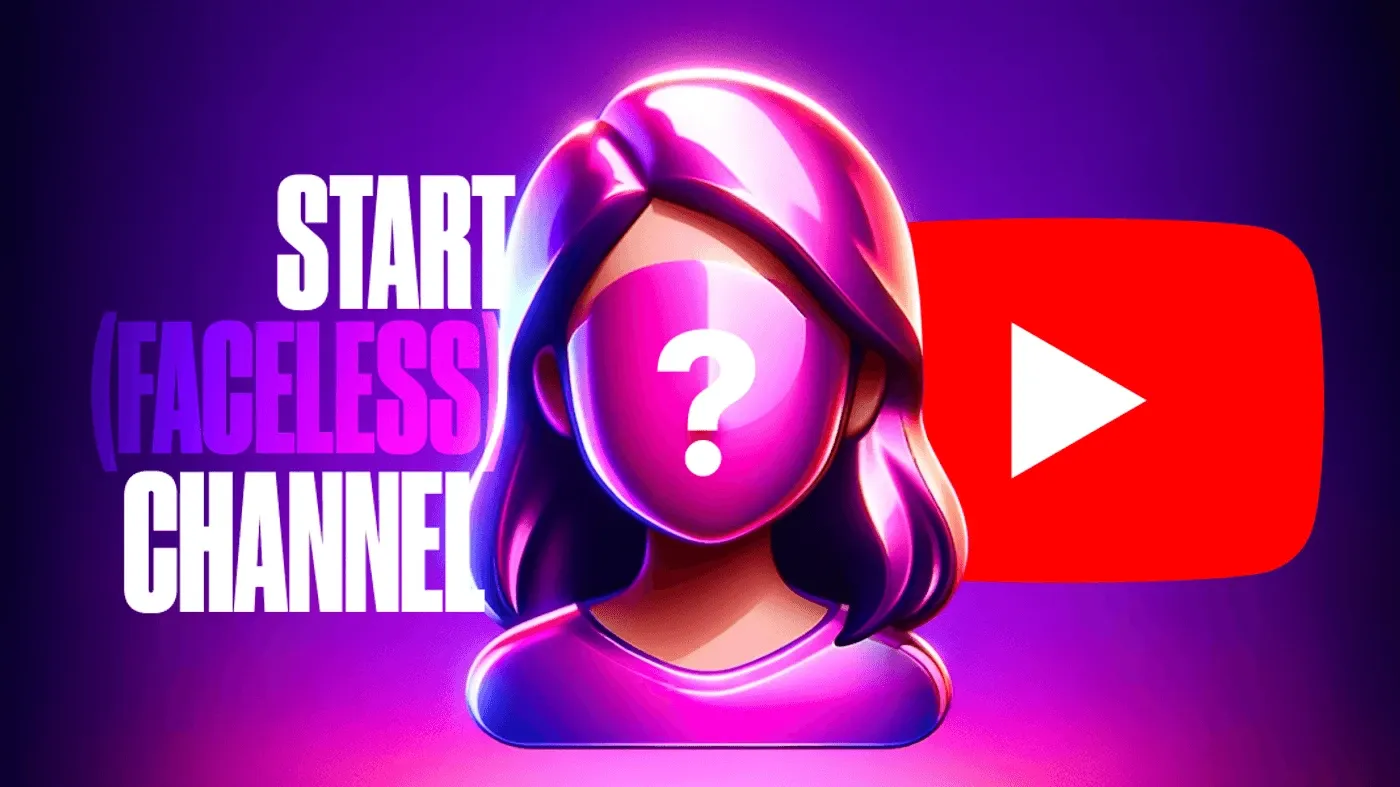 A faceless YouTube channel concept featuring a question mark avatar with the YouTube logo on a purple gradient background