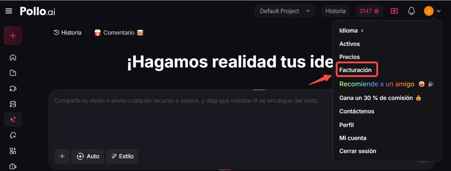 Captura de pantalla de facturación de Pollo AI