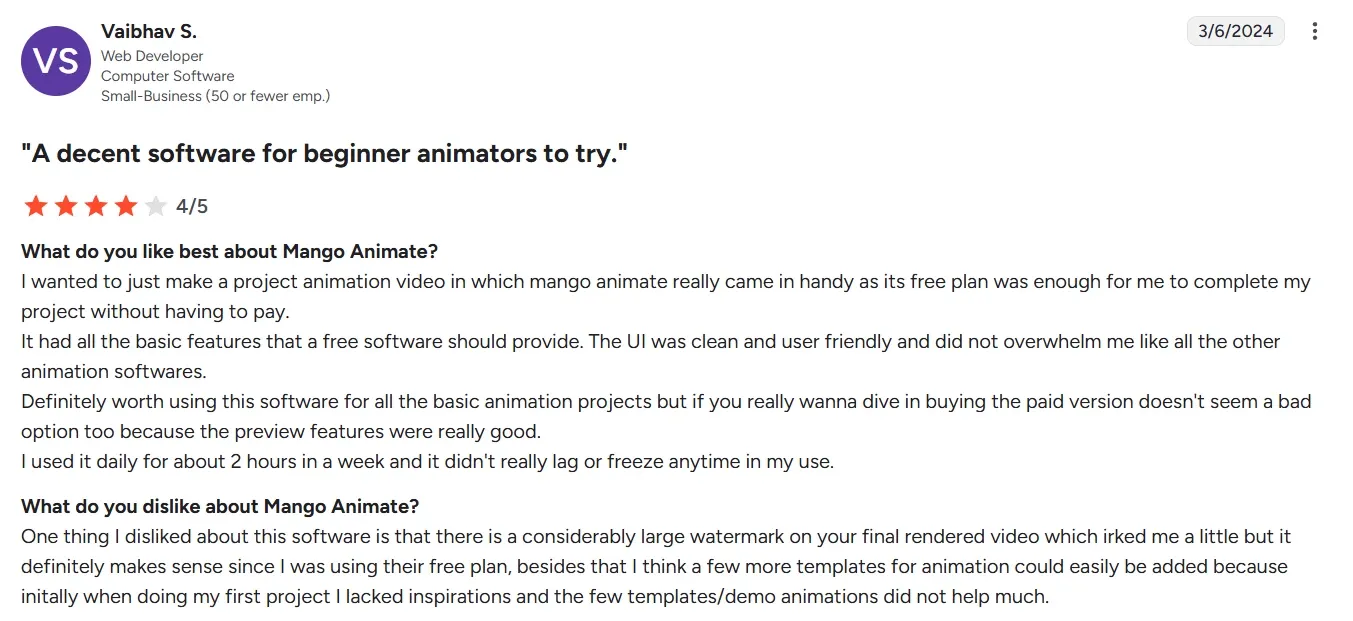 Real user feedback of mango animate.