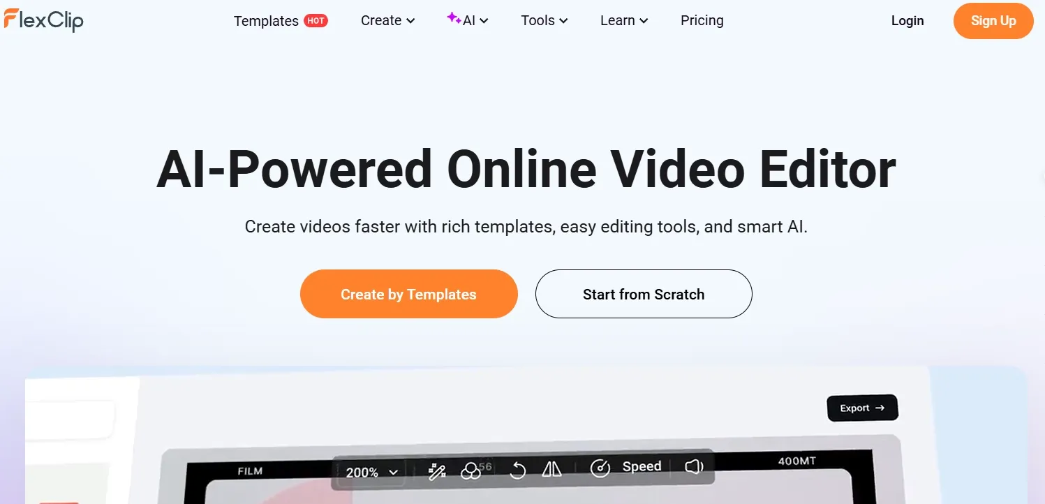 FlexClip homepage showcasing AI-powered online video editor tools
