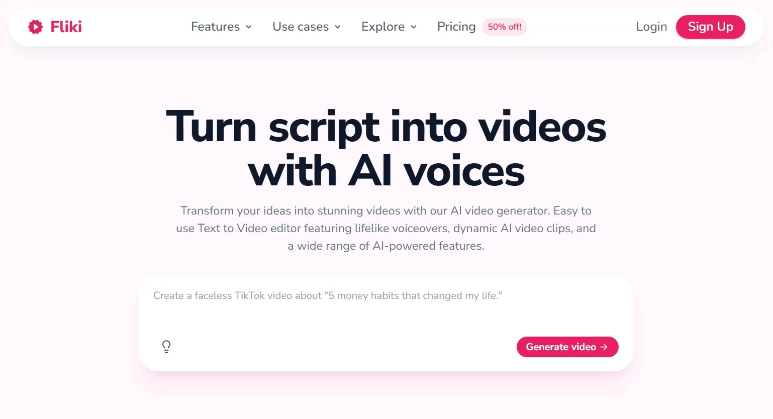 Fliki homepage for turning scripts into videos with AI voices