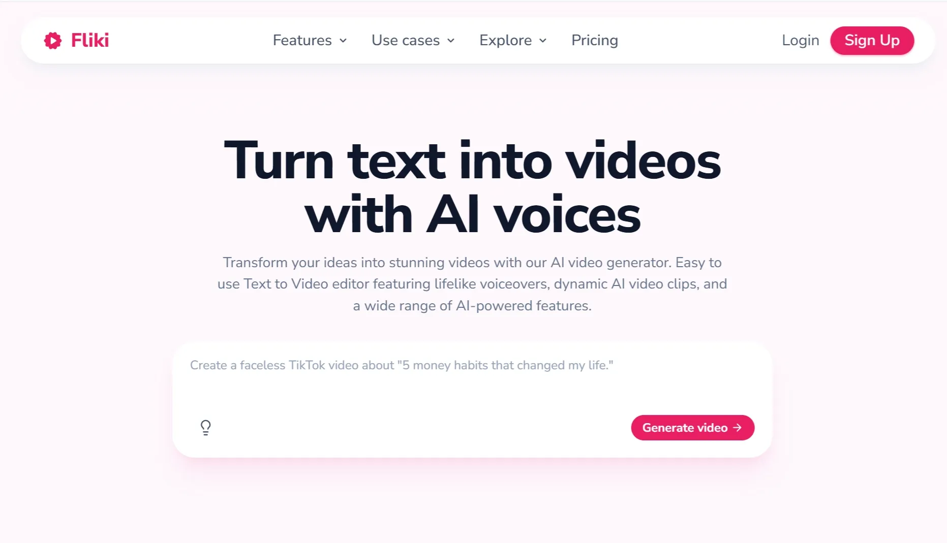 Fliki text to video homepage with AI voice video generator prompt box
