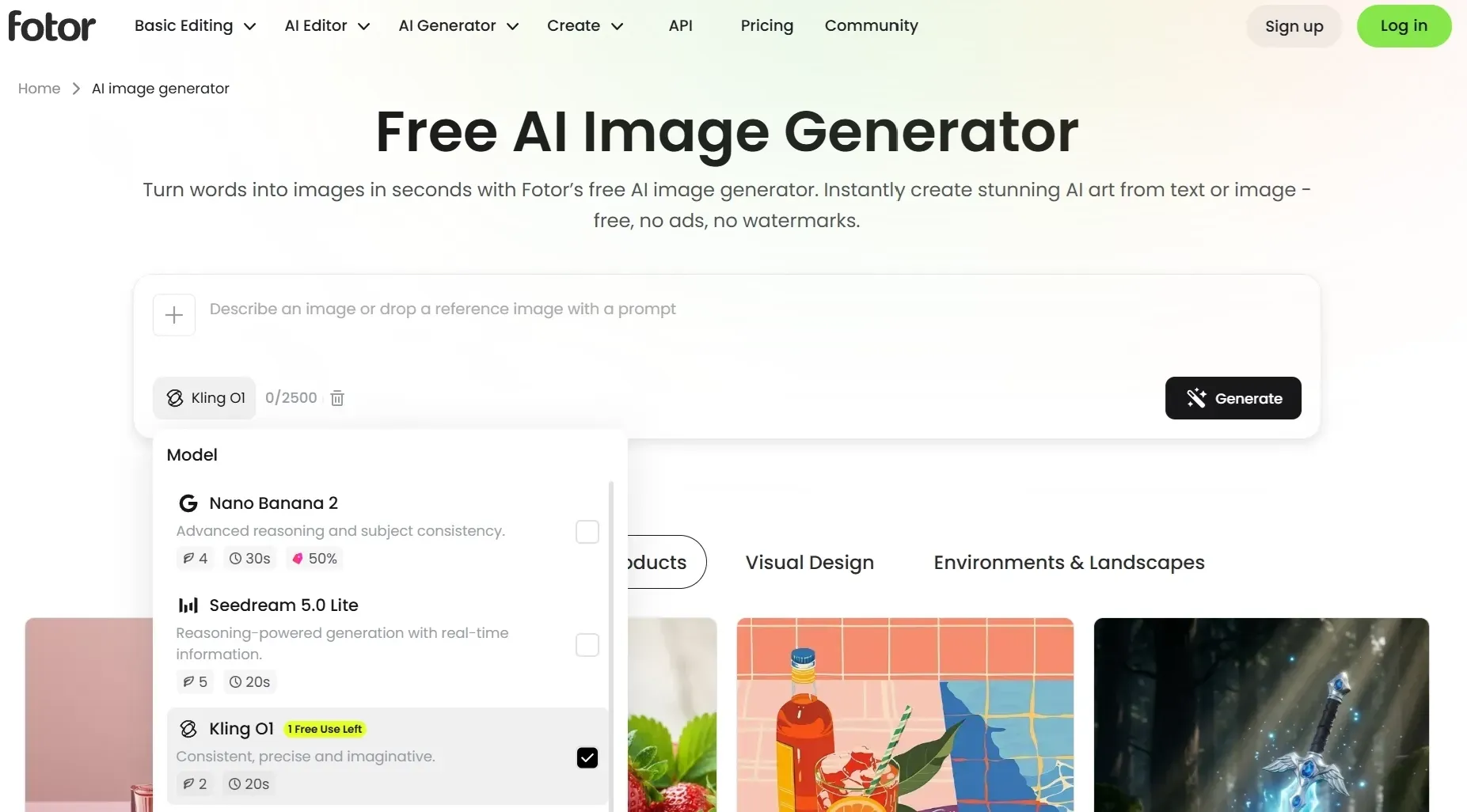 Fotor AI image generator page showing a prompt input box and model selection menu