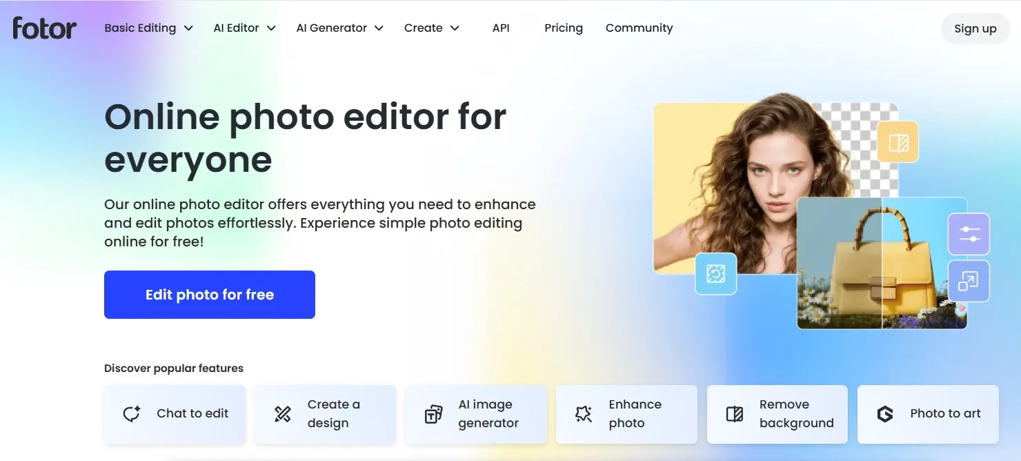 Fotor photo editor homepage with editing tools and product images