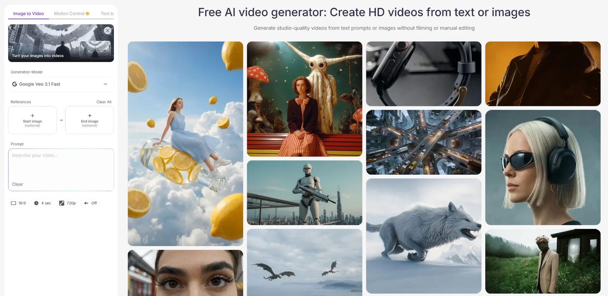 Gratis AI-videogeneratorside, der understøtter tekst-til-video- og billede-til-video-oprettelse med Google Veo-modellen og kreative videoforhåndsvisninger.