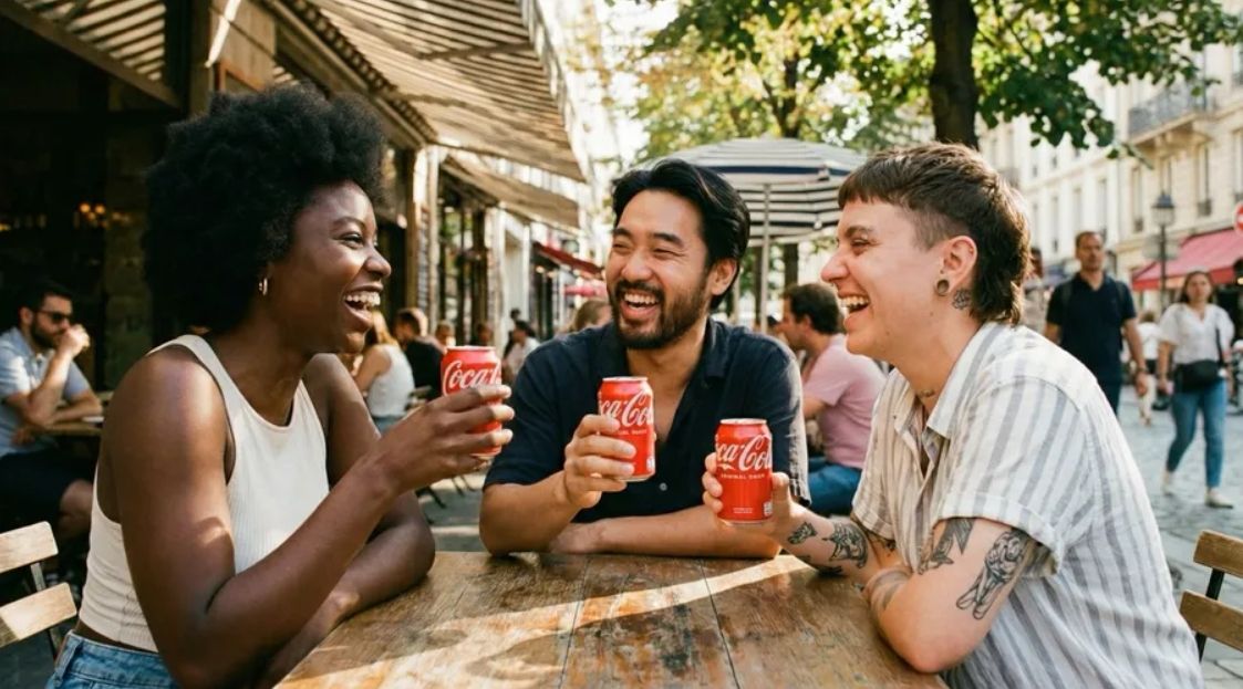Three friends drinking soda and chatting at an outdoor café