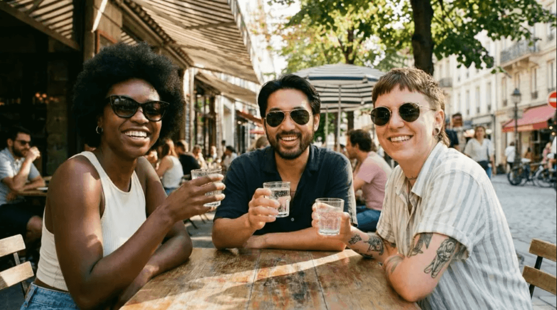 Three friends smiling and drinking water at a café