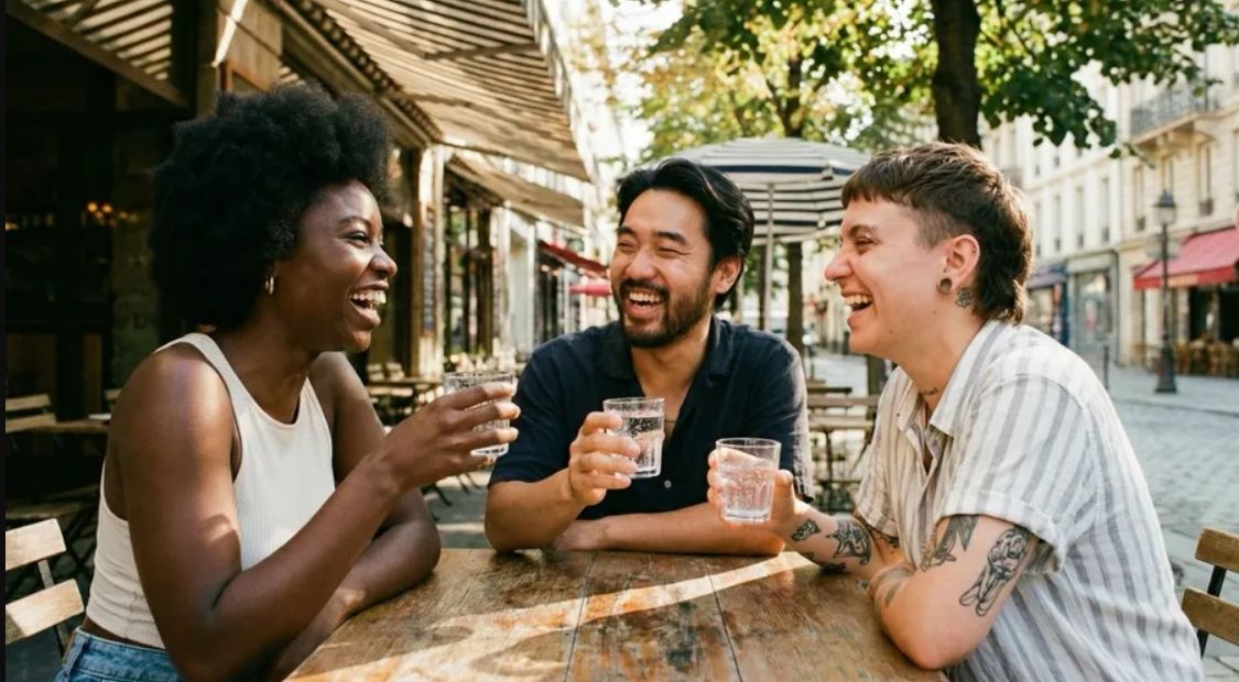 Friends laughing together at an outdoor café