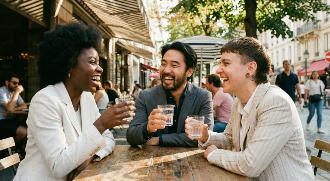 Friends toasting drinks at a café table