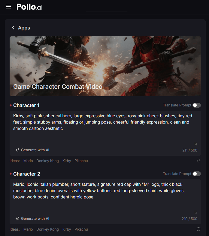Game character combat video generator interface with character prompts and AI generation tools
