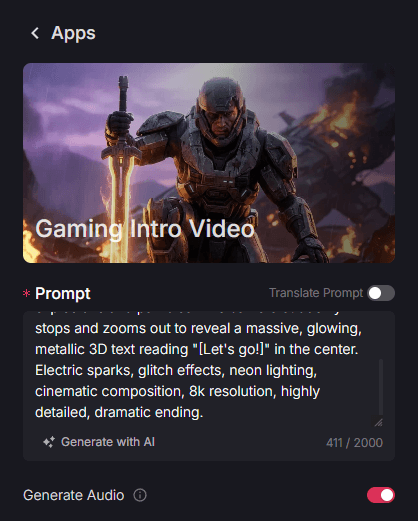 Gaming intro video prompt editor with a futuristic armored soldier scene preview and a text prompt for a dramatic, glitchy 8K video ending