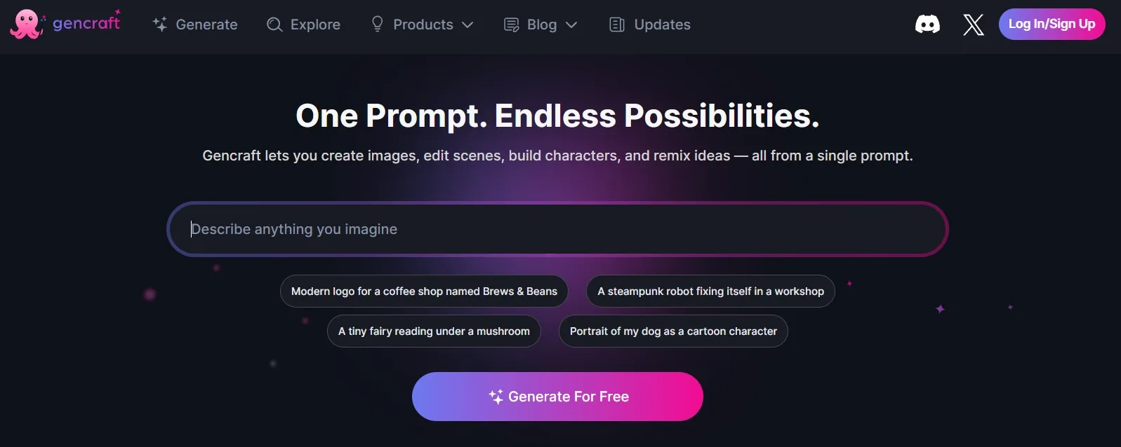 Gencraft homepage with prompt bar and generate button