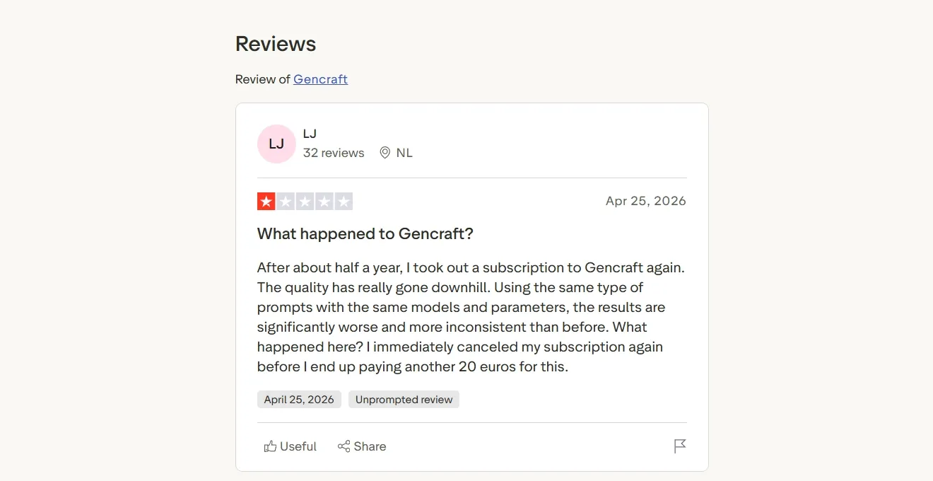 Gencraft Trustpilot review with rating of one star