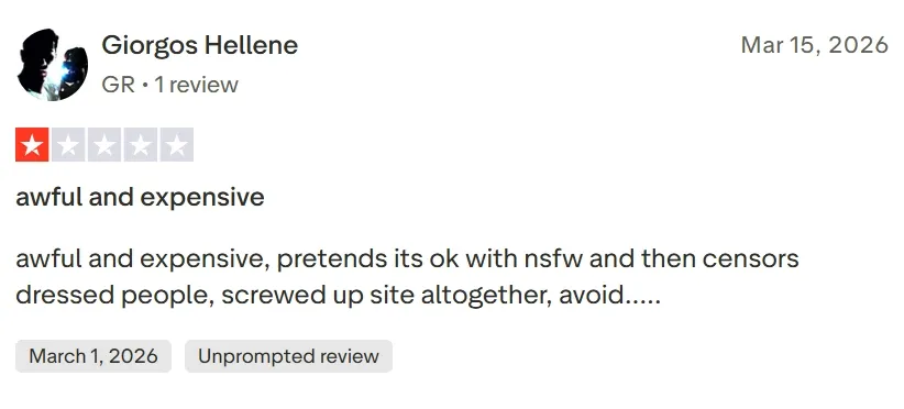 Trustpilot one-star review page showing feedback about getimg.ai pricing and content moderation