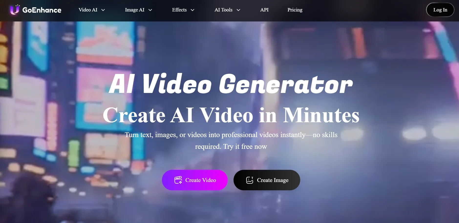 GoEnhance homepage presenting an AI video generator with video and image creation buttons