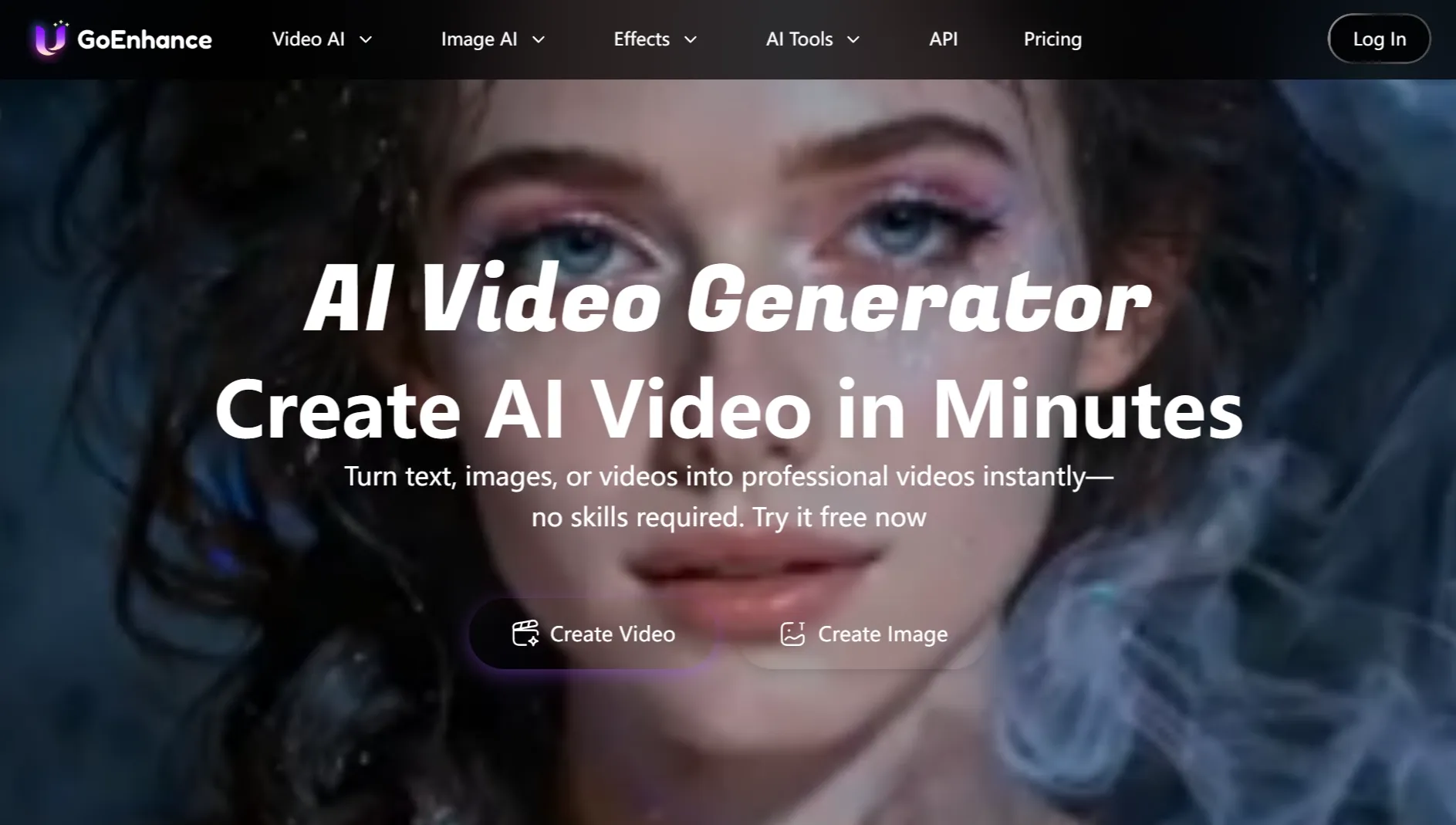 GoEnhance AI video generator homepage with close up fantasy portrait background