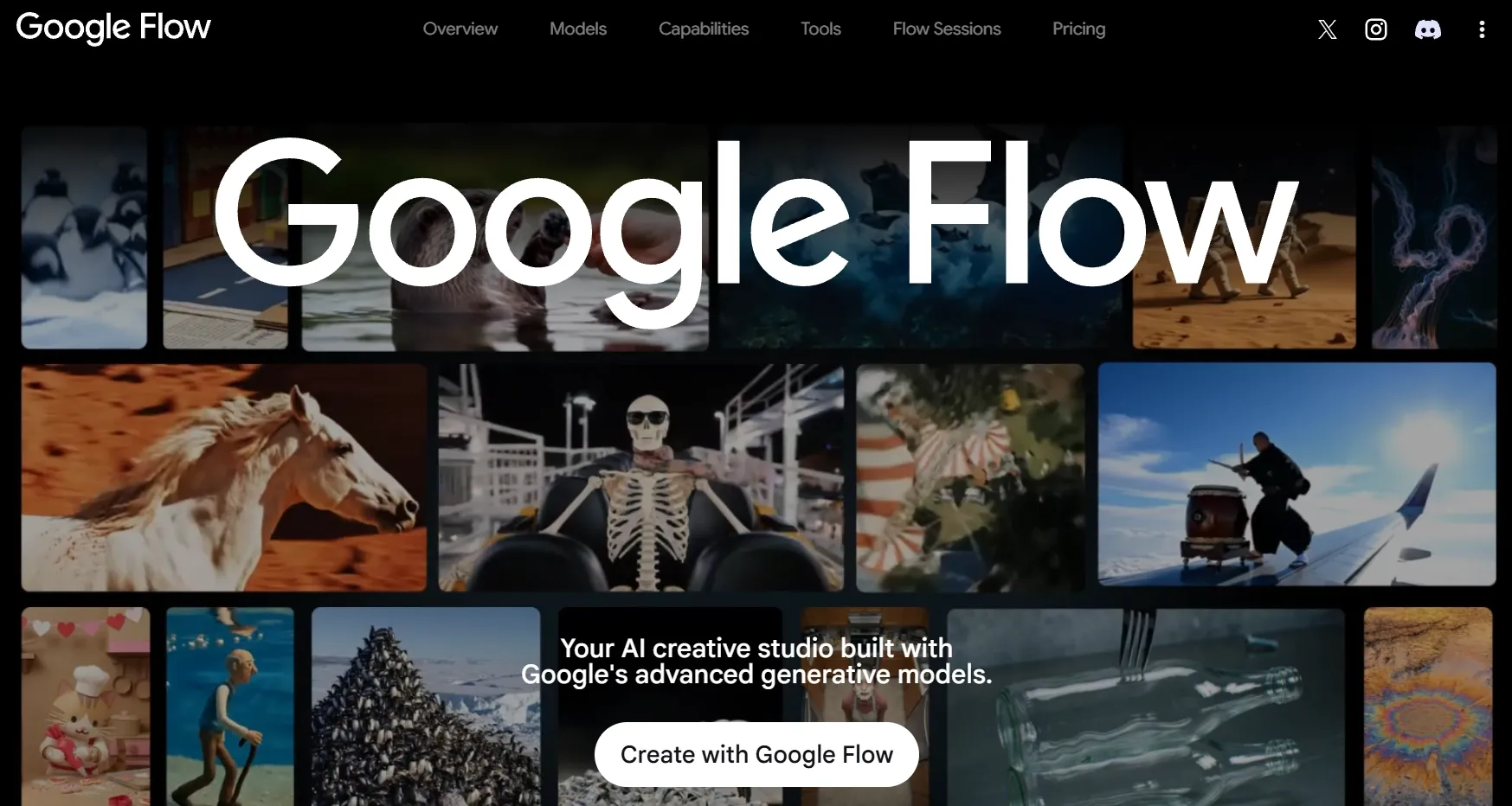 Google Flow, an AI creative studio with generative models, featuring various images.