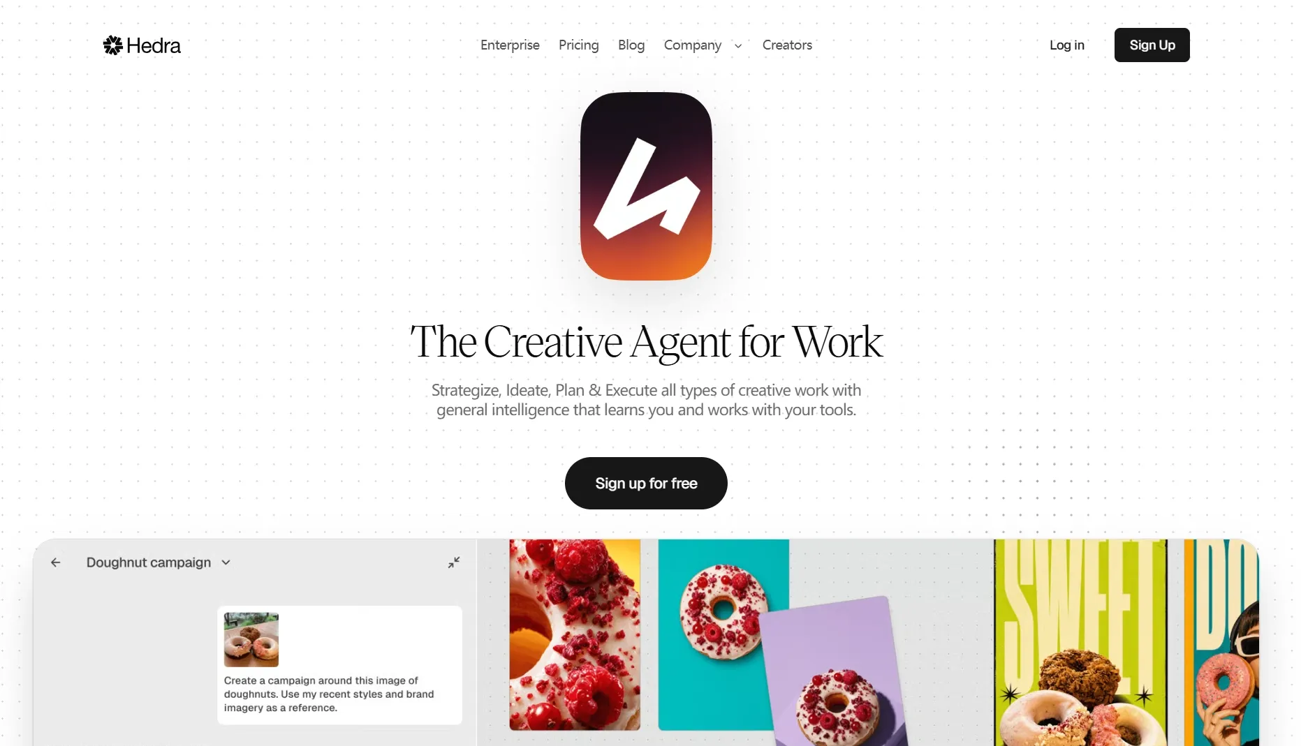 Hedra homepage for an AI creative agent workspace