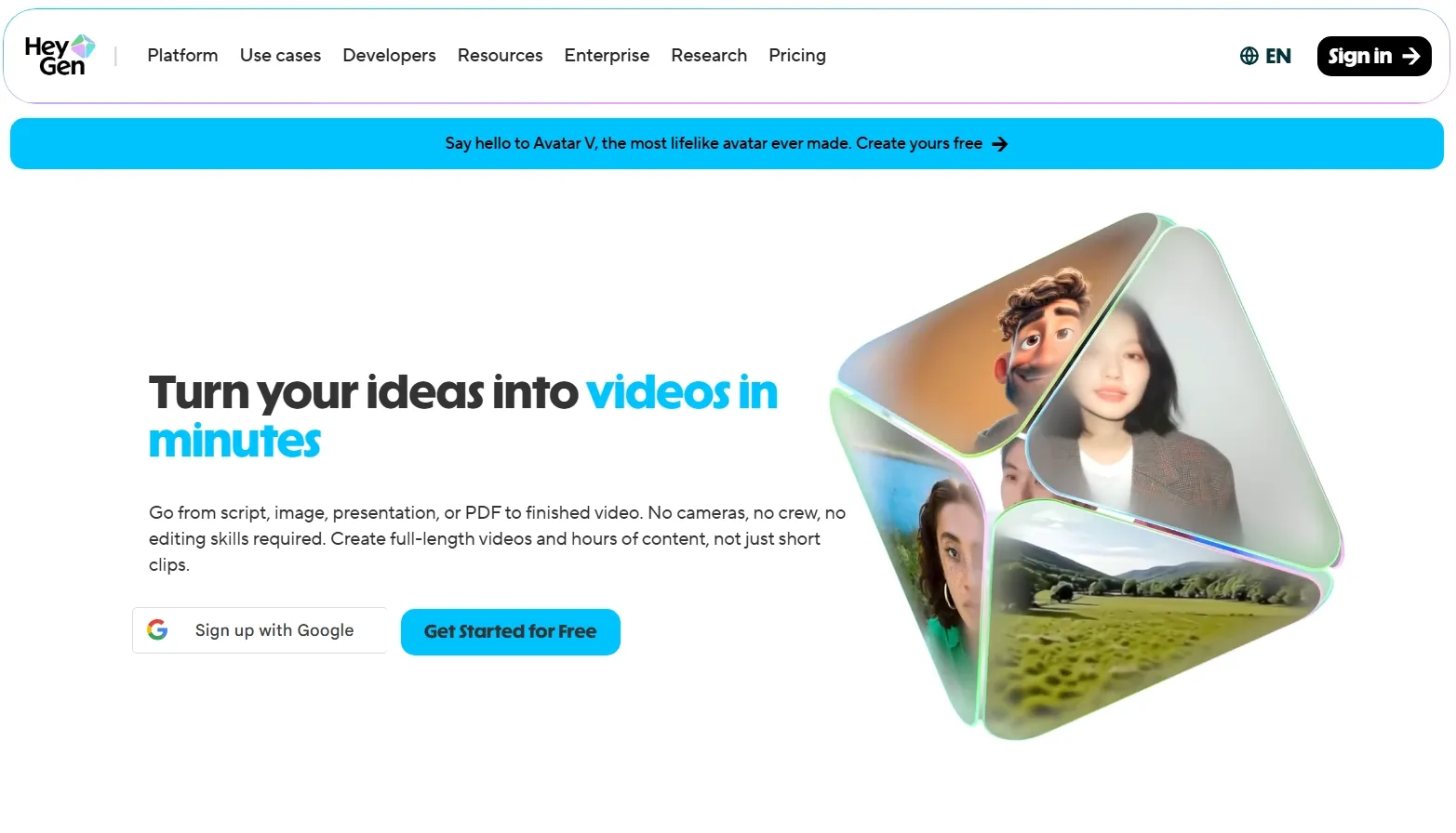 HeyGen homepage for turning ideas into videos in minutes