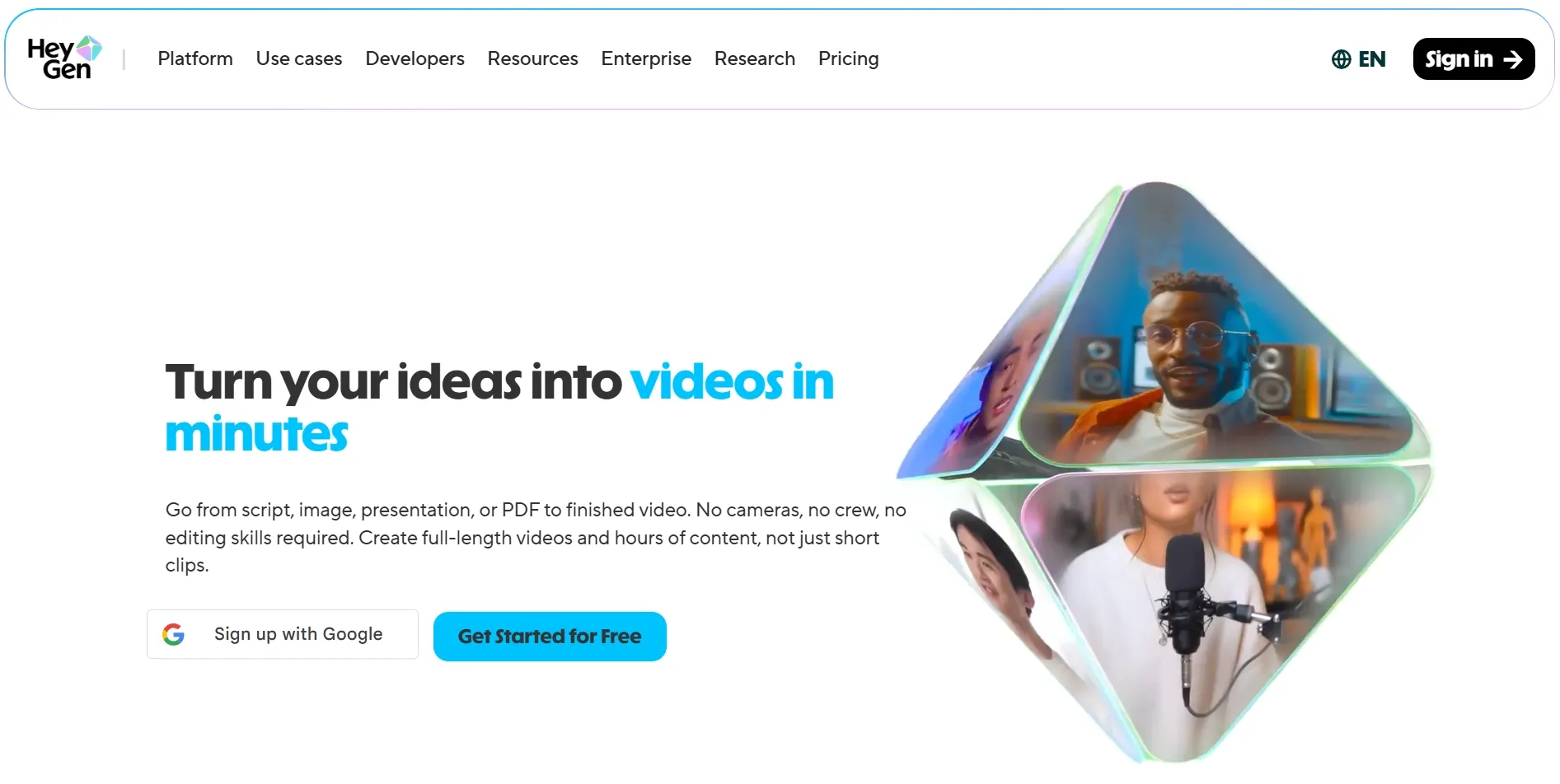 HeyGen homepage showing an AI video creation platform with video preview tiles