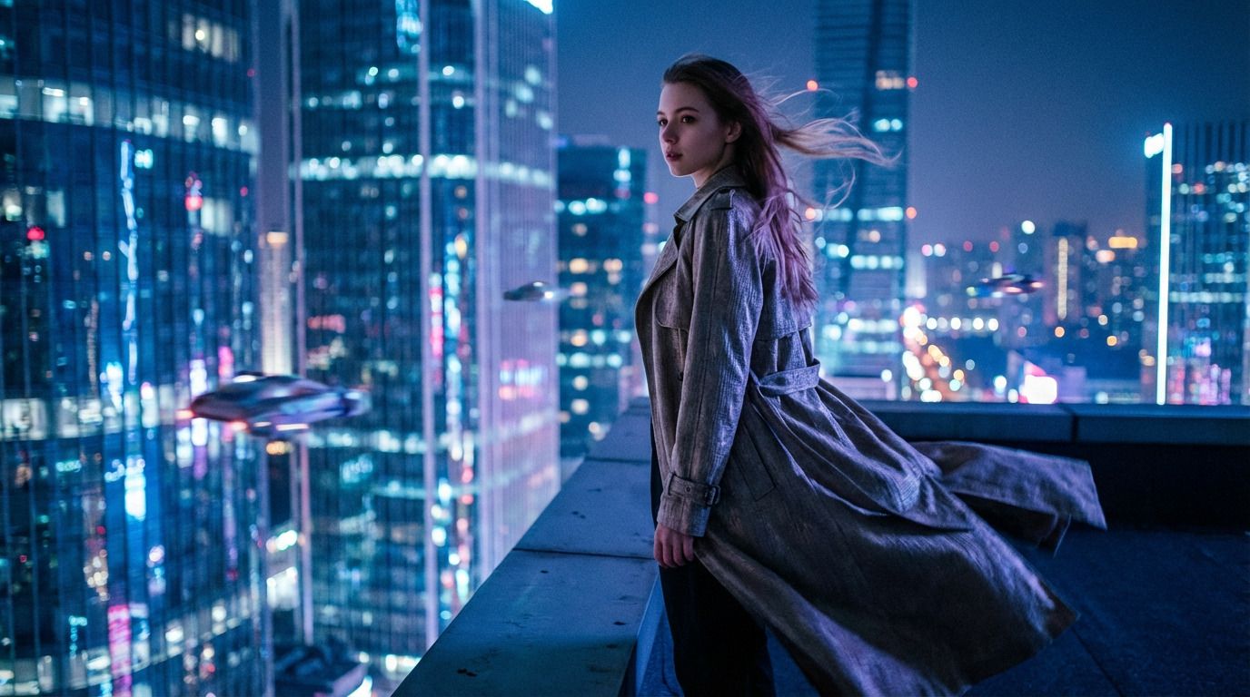 Woman in futuristic blue neon city with film frame