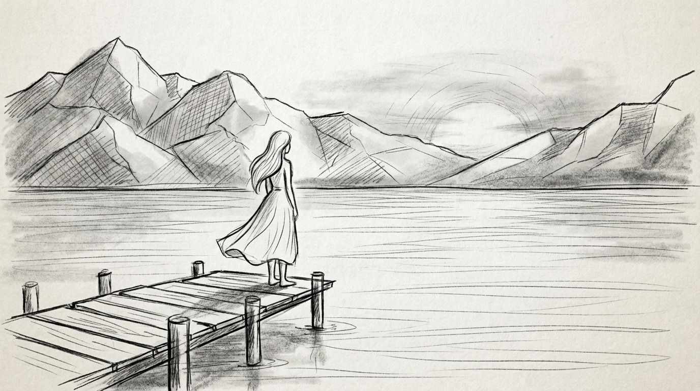 Pencil sketch of mountain landscape with wooden dock