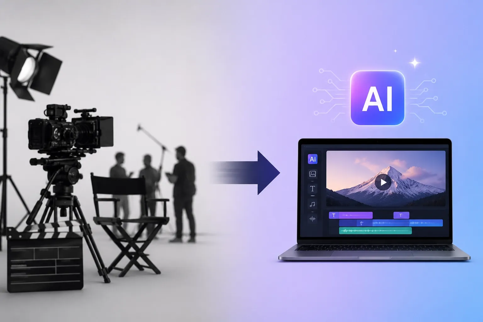 Traditional film production transformed into AI-powered video editing workflow