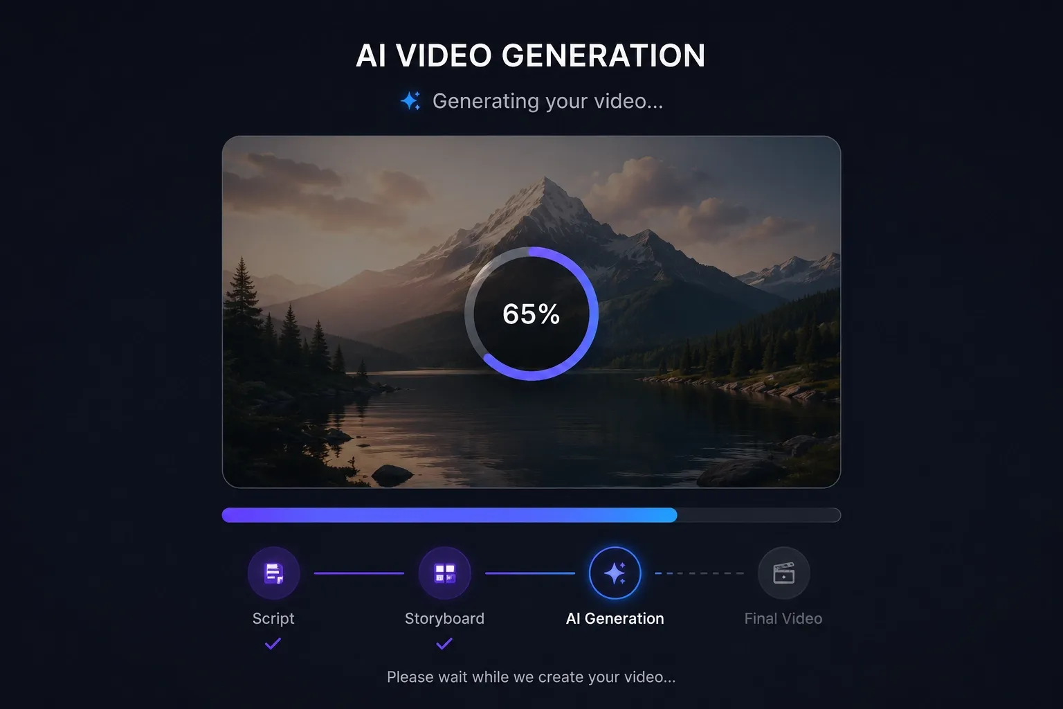 AI video generation interface showing progress, storyboard, and rendering stages