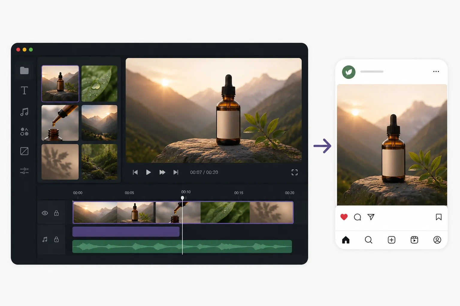 Video editor exporting polished content to a social media post