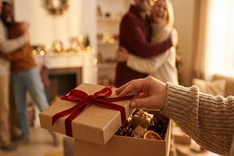 Hands wrap a red gift box during holidays.