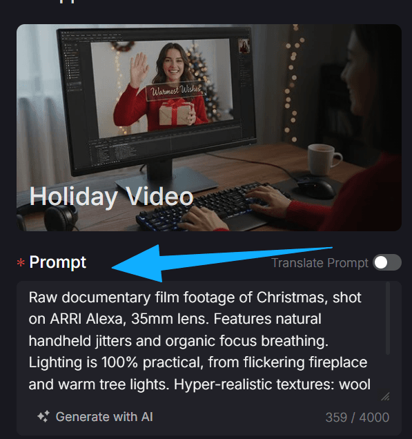 Holiday-themed video preview with a prompt editor input field below