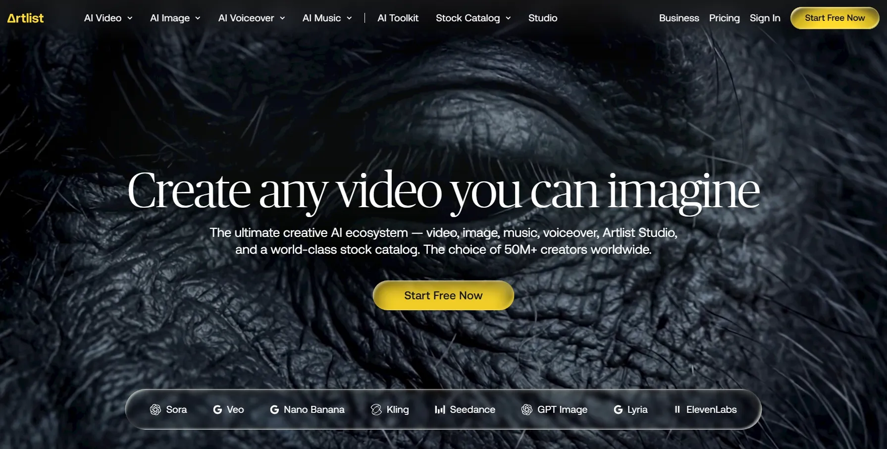Homepage of Artlist showcasing AI video creation tools and features.