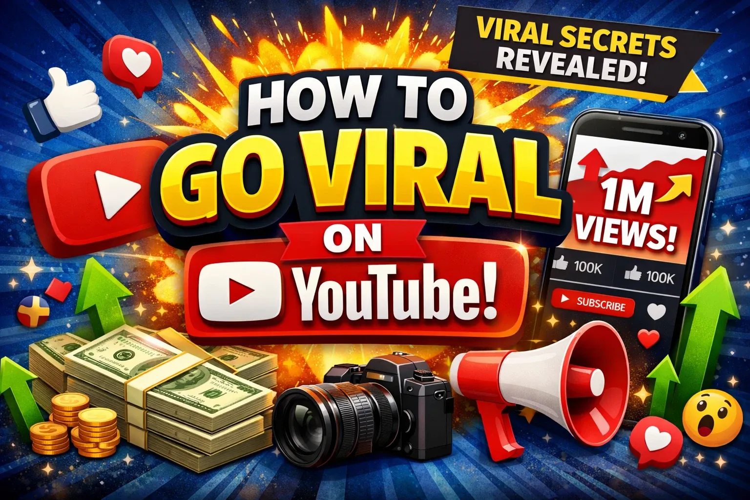 A creative thumbnail illustrating how to go viral on YouTube, featuring play button, cash, camera, and megaphone elements