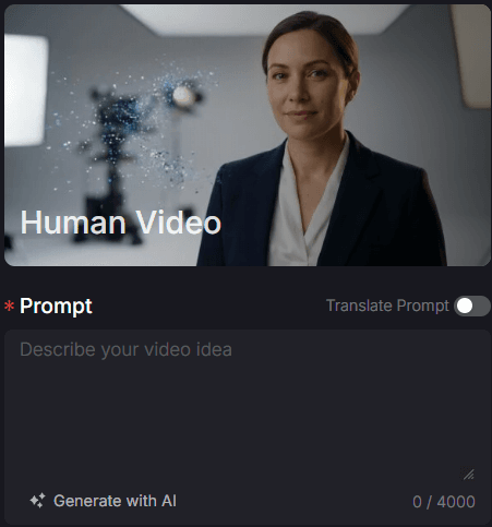 Human video preview showing a woman with a prompt input field below