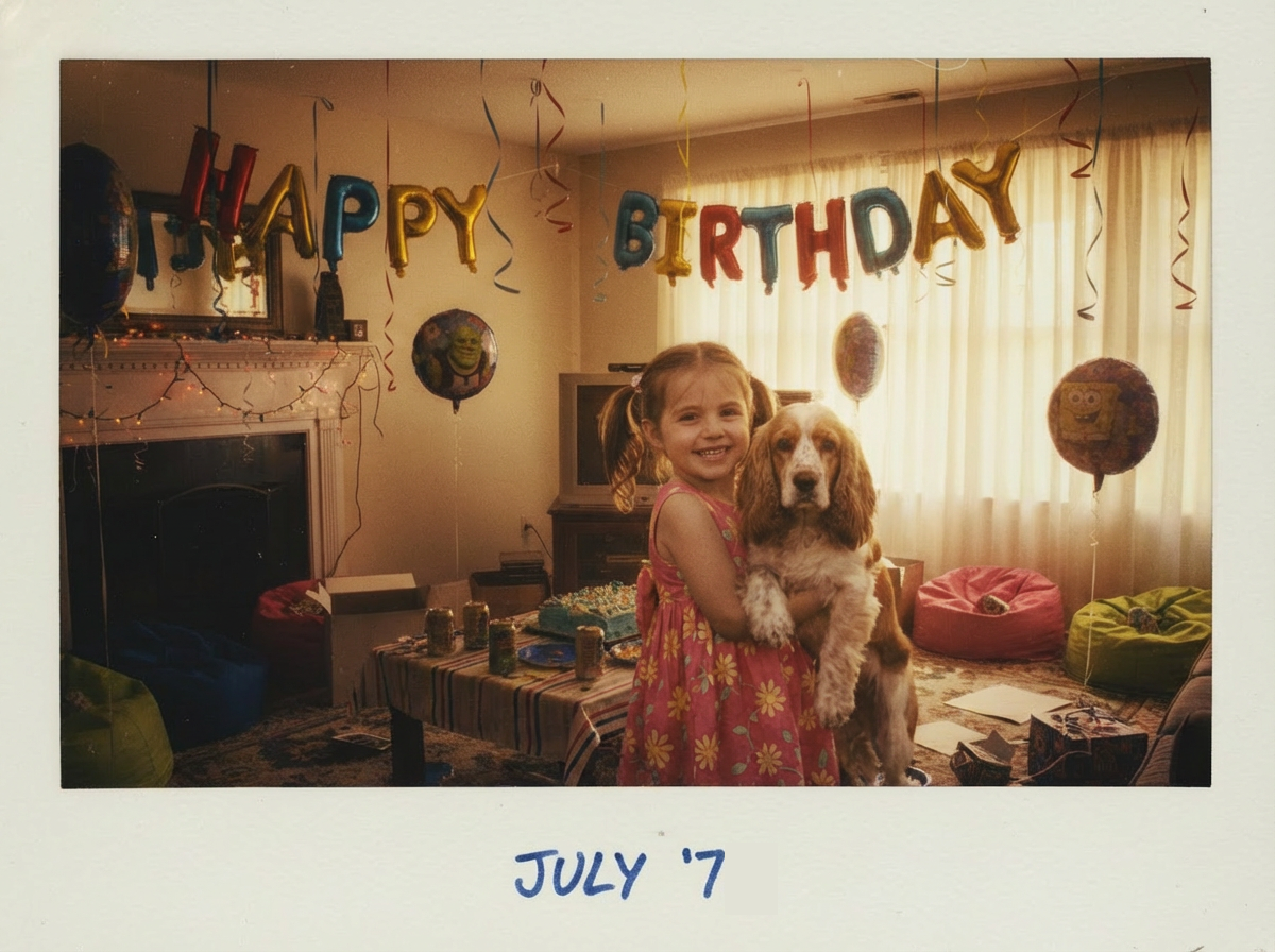 Birthday party room decorated with balloons and happy birthday sign