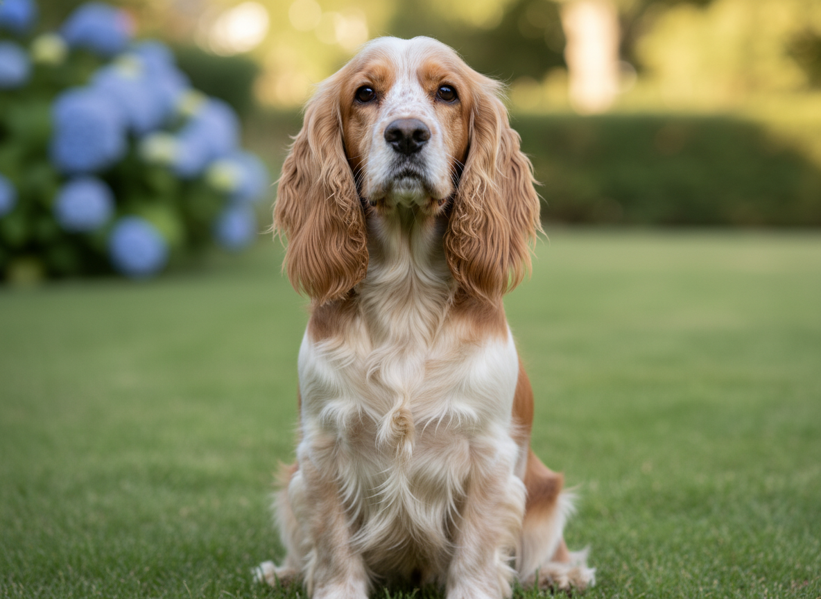 Cocker spaniel dog sitting on green grass outdoors