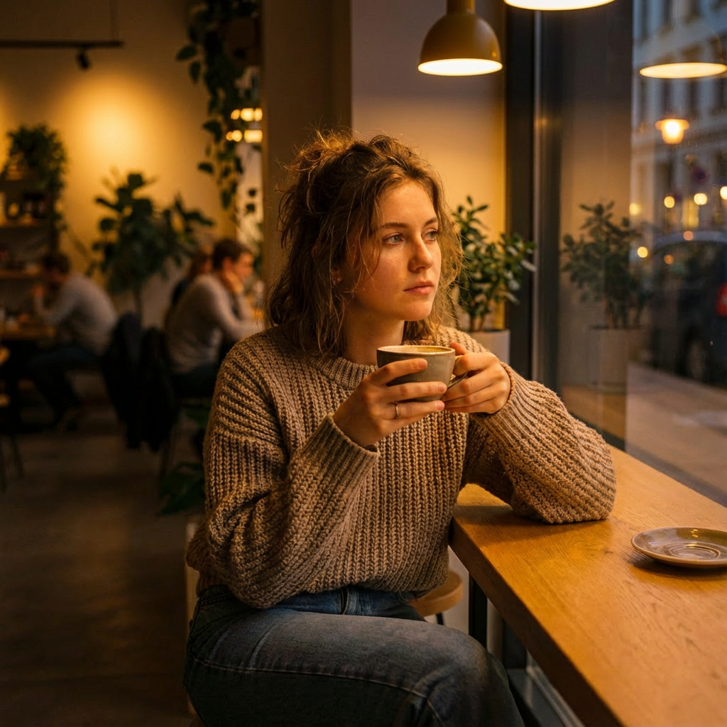 Woman sitting at yellow tone cafe bar counter inside