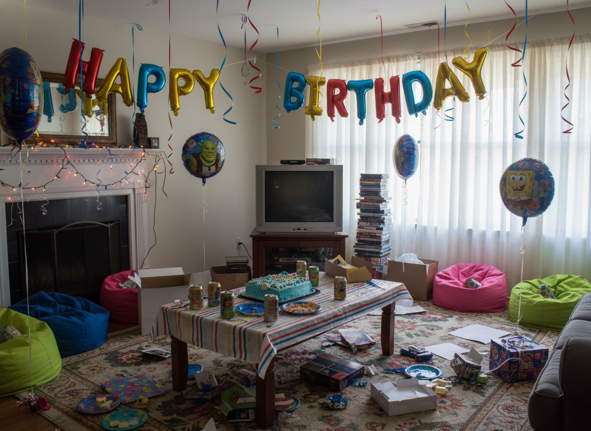 Empty birthday party room with colorful balloons and decorations