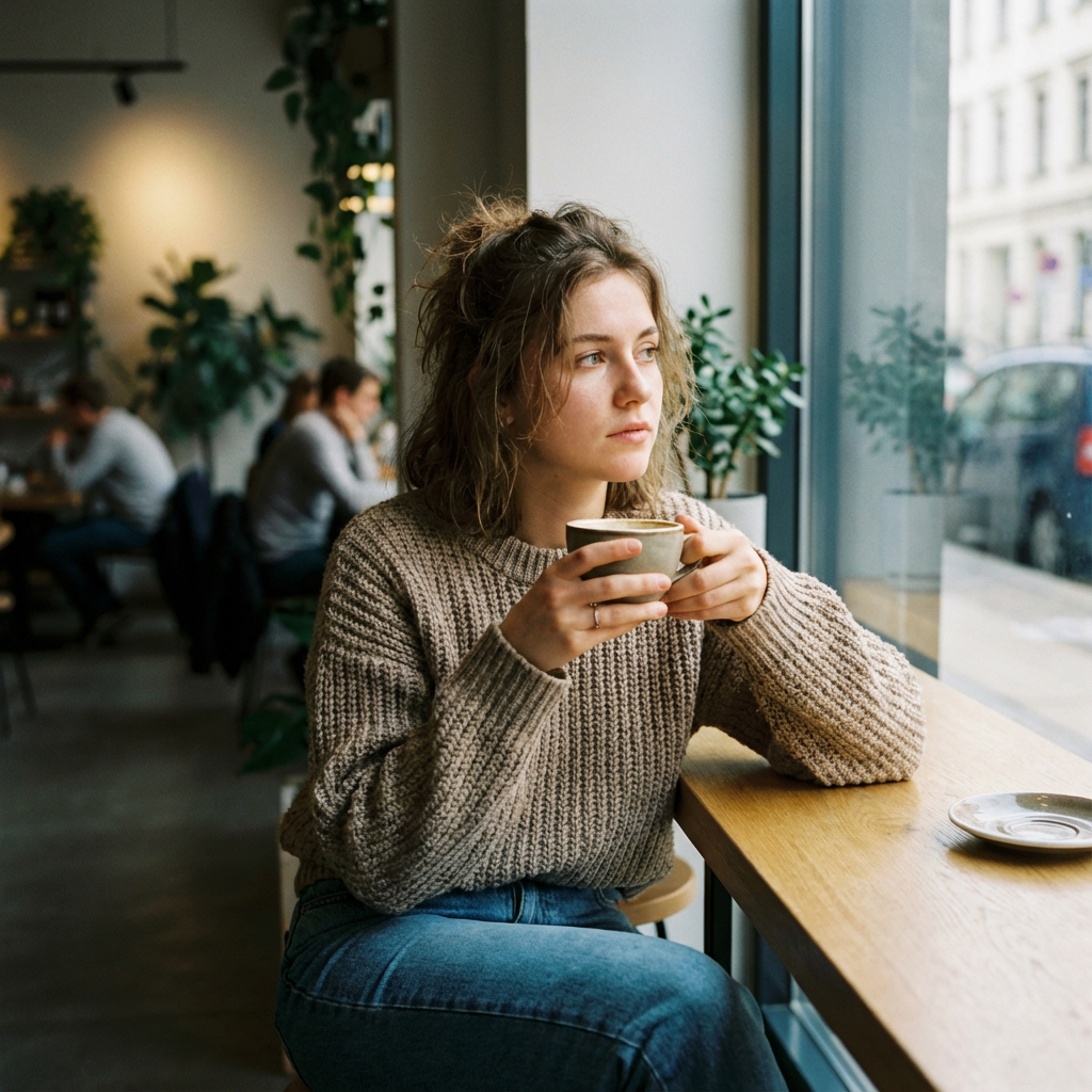 Woman holding coffee cup sitting by cafe window indoors