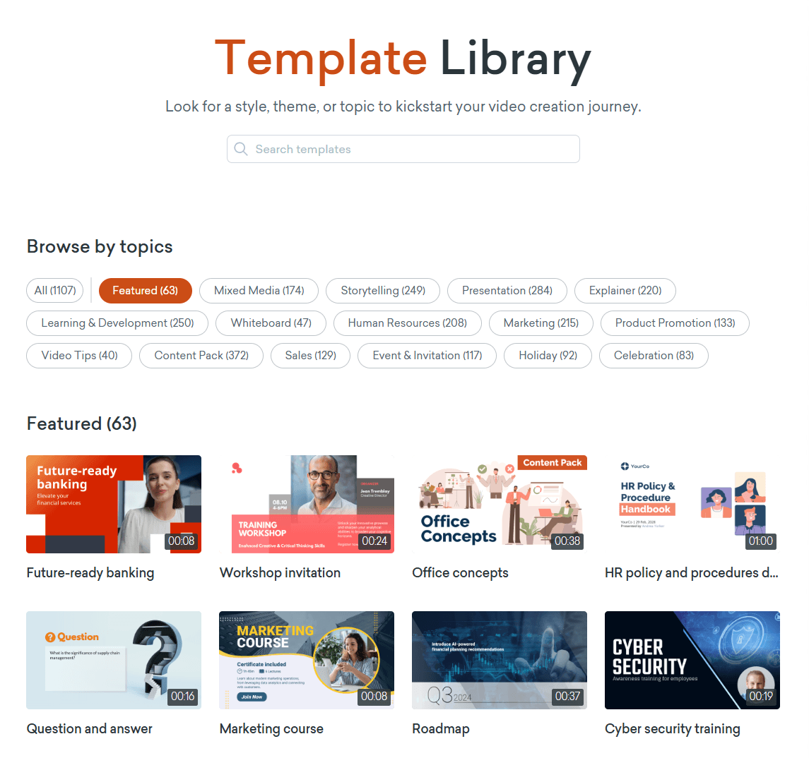 Website showing colorful template library with multiple design options