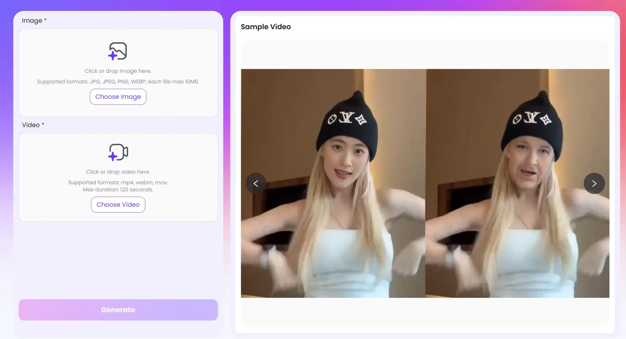 Antarmuka generator video pertukaran wajah AI, mendukung pengunggahan gambar dan video untuk membuat efek pertukaran wajah.