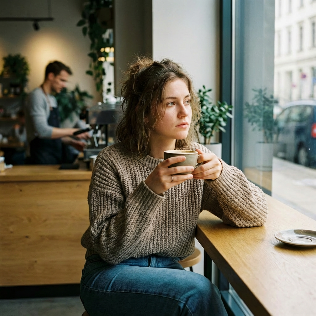 Woman holding coffee sitting at cafe window with people