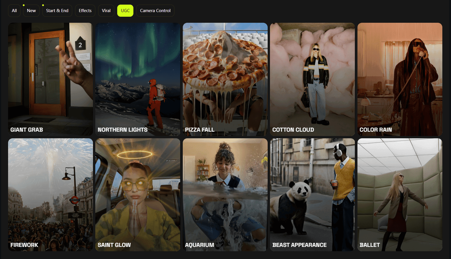 UGC video effects gallery with themed tiles like Northern Lights