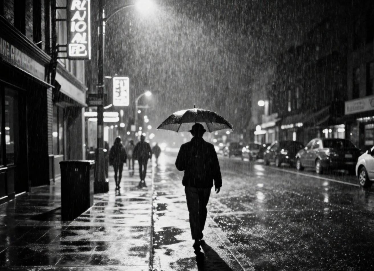 Person with umbrella walking on rainy city street, black-and-white.