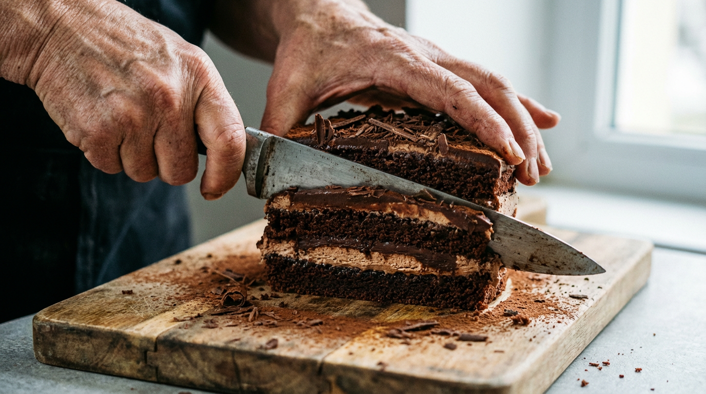 Hand slices chocolate cake on wooden cutting board