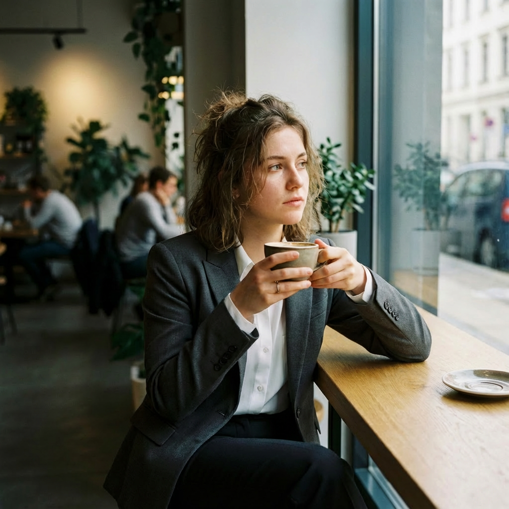 Woman with coffee sitting in busy cafe by window