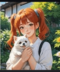 Anime girl with orange hair hugging white puppy